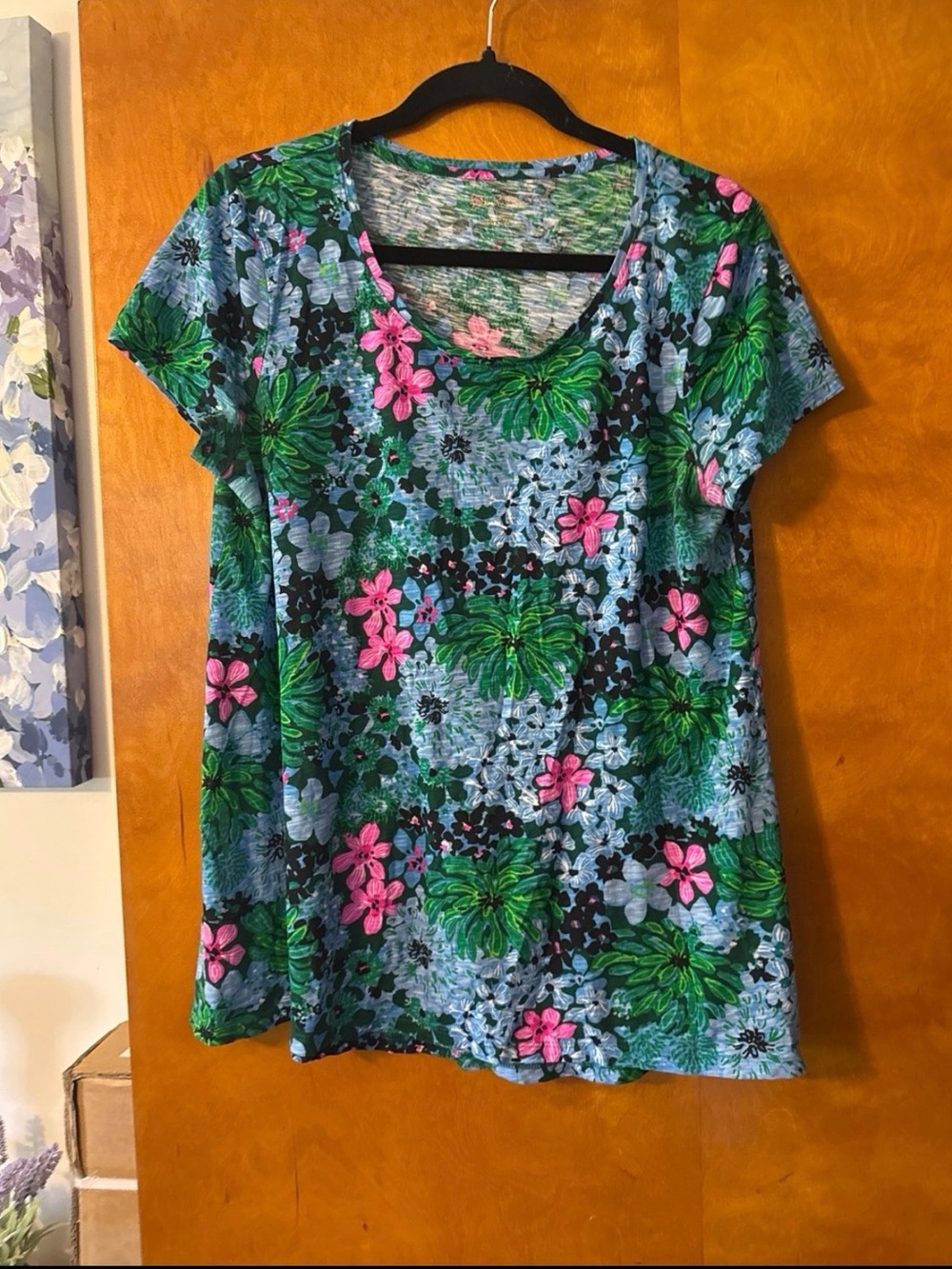 Lilly Pulitzer Green Blue Floral Scoop Neck Short Sleeve Top